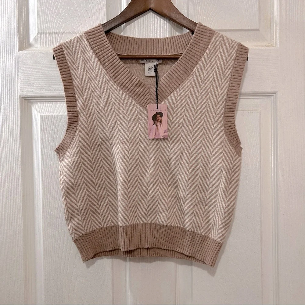 Sincerely Jules Sweater Vest Tan Cream Size XS NWT